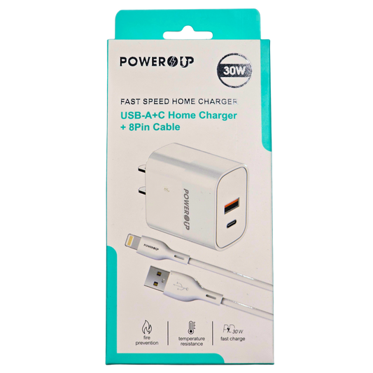 PowerUp 30W Fast Speed USB-A + USB-C Home Charger + 8-Pin Cable | Dual Port Fast Charging Wall Adapter | Universal Device Charging Set