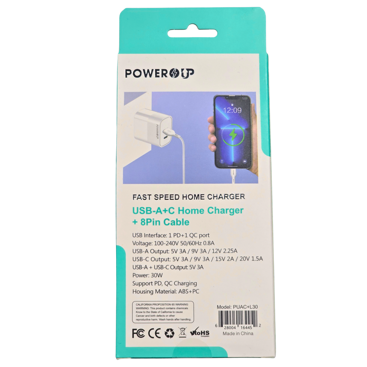 PowerUp 30W Fast Speed USB-A + USB-C Home Charger + 8-Pin Cable | Dual Port Fast Charging Wall Adapter | Universal Device Charging Set