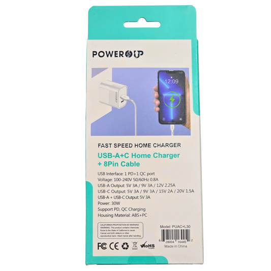 PowerUp 30W Fast Speed USB-A + USB-C Home Charger + 8-Pin Cable | Dual Port Fast Charging Wall Adapter | Universal Device Charging Set