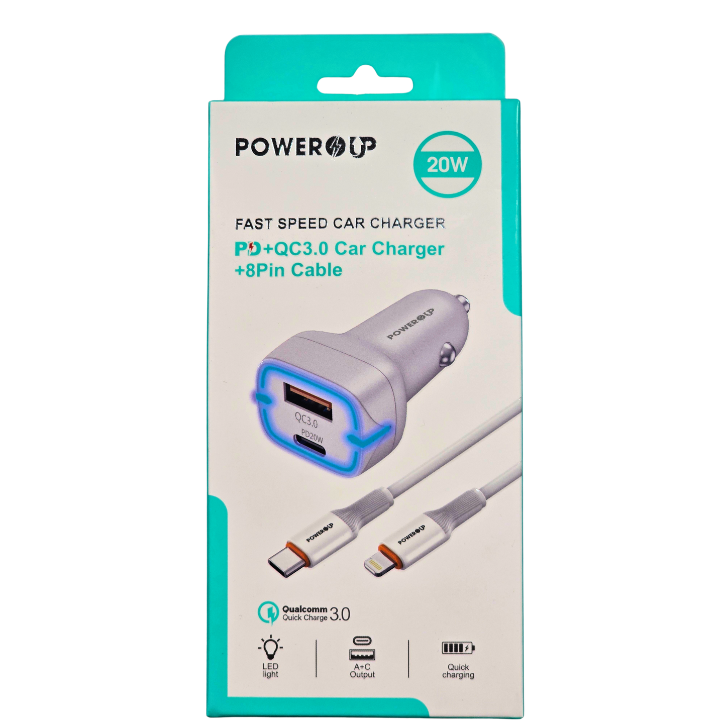 PowerUp 20W Fast Speed Car Charger PD + QC 3.0 | Dual Port Vehicle Fast Charging Adapter + 8-Pin Cable | Universal Car Charging Kit