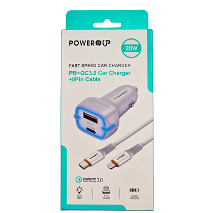 PowerUp 20W Fast Speed Car Charger PD + QC 3.0 | Dual Port Vehicle Fast Charging Adapter + 8-Pin Cable | Universal Car Charging Kit