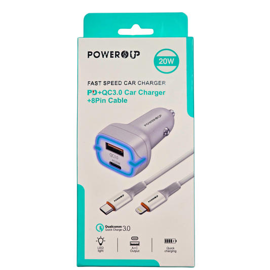 PowerUp 20W Fast Speed Car Charger PD + QC 3.0 | Dual Port Vehicle Fast Charging Adapter + 8-Pin Cable | Universal Car Charging Kit