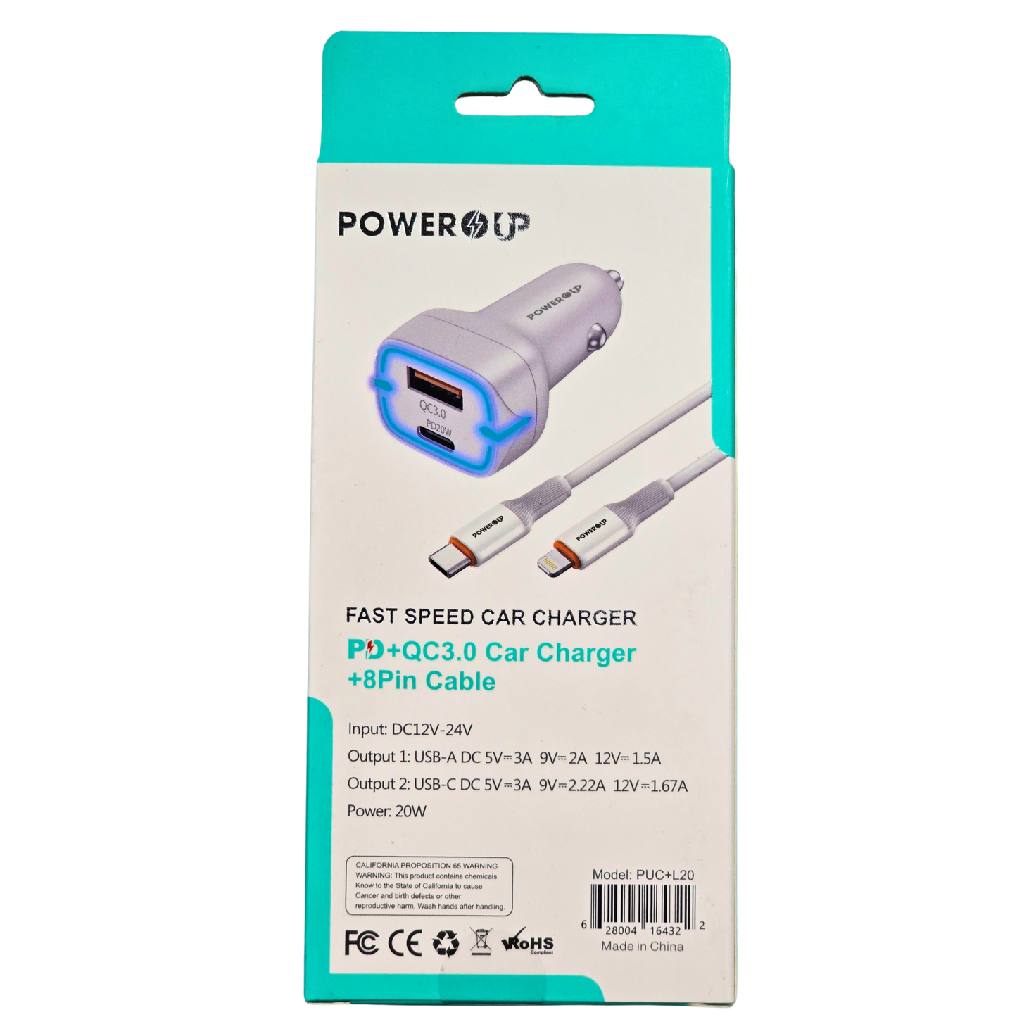 PowerUp 20W Fast Speed Car Charger PD + QC 3.0 | Dual Port Vehicle Fast Charging Adapter + 8-Pin Cable | Universal Car Charging Kit