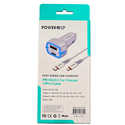 PowerUp 20W Fast Speed Car Charger PD + QC 3.0 | Dual Port Vehicle Fast Charging Adapter + 8-Pin Cable | Universal Car Charging Kit