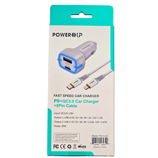PowerUp 20W Fast Speed Car Charger PD + QC 3.0 | Dual Port Vehicle Fast Charging Adapter + 8-Pin Cable | Universal Car Charging Kit