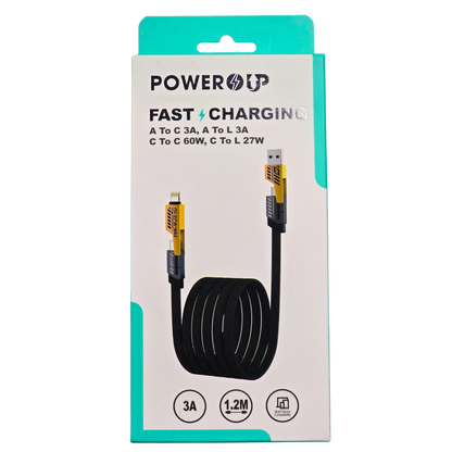PowerUp Fast Charging Cable Set | A to C 3A + A to Lightning 3A + C to C 60W + C to Lightning 27W | Universal Multi Device Fast Charge Cable Bundle