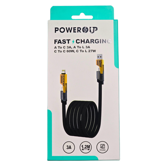 PowerUp Fast Charging Cable Set | A to C 3A + A to Lightning 3A + C to C 60W + C to Lightning 27W | Universal Multi Device Fast Charge Cable Bundle