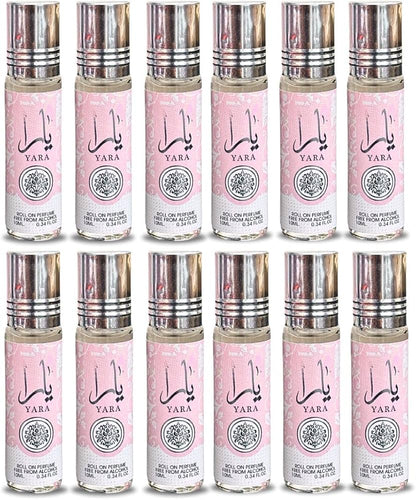 Lattafa Yara Roll-On Perfume Oil 10ml x 12 Pack | Sweet Vanilla Floral Long Lasting Arabic Attar Unisex Non-Alcohol Fragrance Travel Size Set