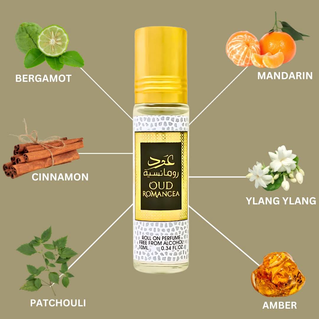 Ard Al Zaafaran Oud Romancea Roll-On Perfume Oil 10ml x 12 Pack | Sweet Oud Floral Long Lasting Arabic Attar Unisex Non-Alcohol Fragrance Travel Size Set