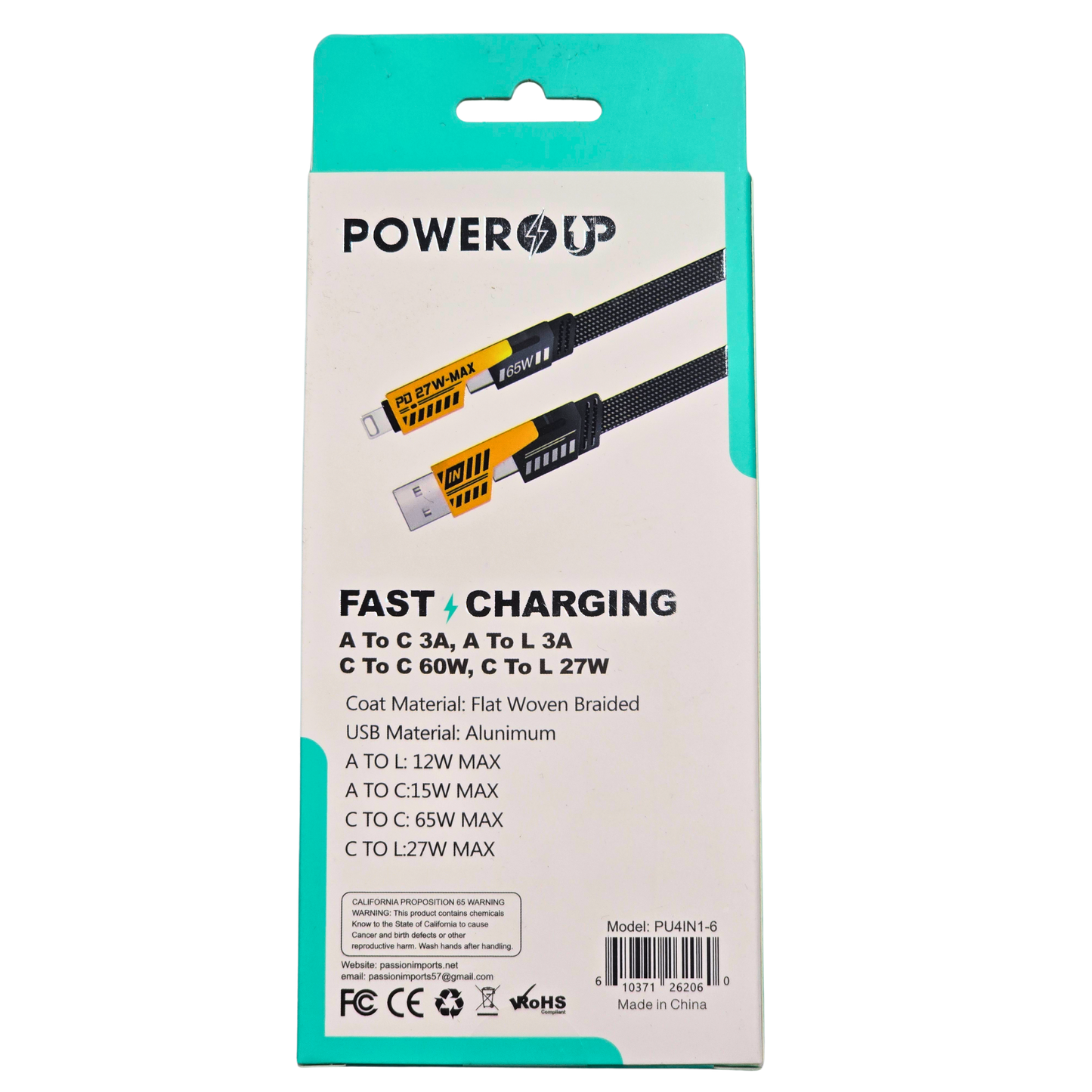 PowerUp Fast Charging Cable Set | A to C 3A + A to Lightning 3A + C to C 60W + C to Lightning 27W | Universal Multi Device Fast Charge Cable Bundle