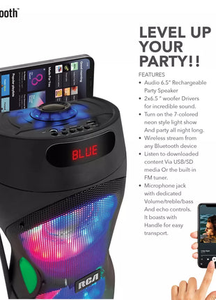 RCA Dual 6.5" Lightweight Bluetooth Party Speaker with Wireless Microphone & Remote