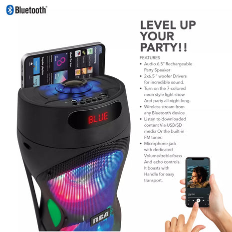 RCA Dual 6.5" Lightweight Bluetooth Party Speaker with Wireless Microphone & Remote