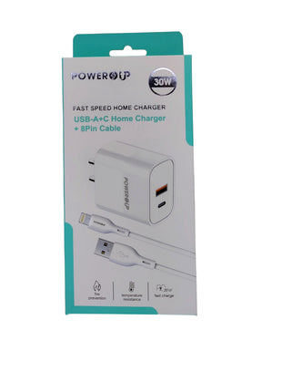 PowerUp Fast Speed Home Charger With  Dual USB-A & Type-C Adeptor + USB To 8 Pin Fast Charging Cable