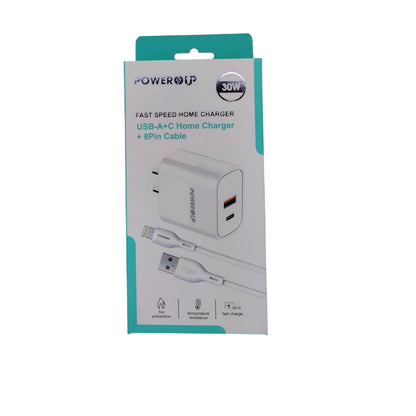 PowerUp Fast Speed Dual Port Home Charger USB-A+USB-C Adaptor + USB-A To 8 Pin Fast Charging Cable