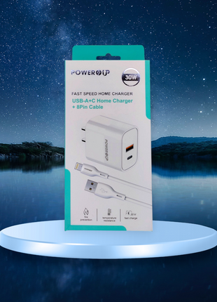 PowerUp Fast Speed Home Charger With  Dual USB-A & Type-C Adeptor + USB To 8 Pin Fast Charging Cable