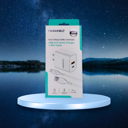 PowerUp Fast Speed Dual Port Home Charger USB-A+USB-C Adaptor + USB-A To 8 Pin Fast Charging Cable