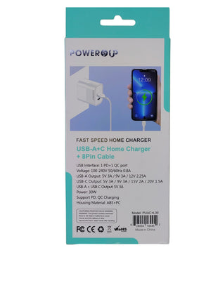 PowerUp Fast Speed Home Charger With  Dual USB-A & Type-C Adeptor + USB To 8 Pin Fast Charging Cable