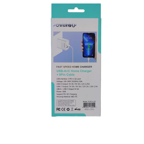 PowerUp Fast Speed Dual Port Home Charger USB-A+USB-C Adaptor + USB-A To 8 Pin Fast Charging Cable