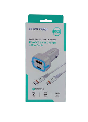 PowerUp Fast Speed Car Charger – Dual USB-A & Type-C Adapter with Type-C to 8-Pin Cable