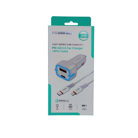 PowerUp Fast Speed Car Charger – Dual USB-A & Type-C Adapter with Type-C to 8-Pin Cable