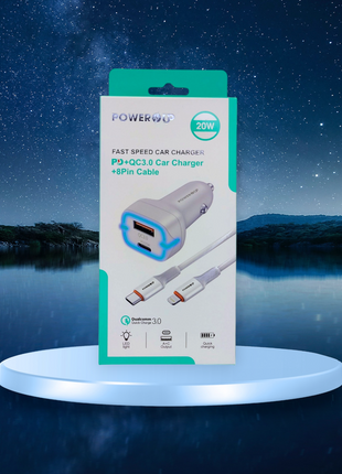 PowerUp Fast Speed Car Charger – Dual USB-A & Type-C Adapter with Type-C to 8-Pin Cable