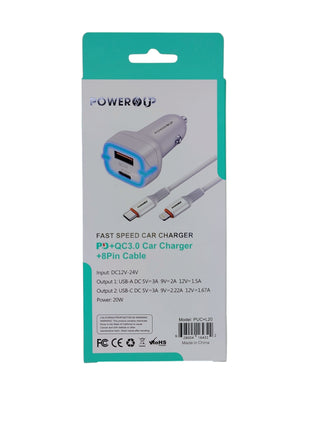 PowerUp Fast Speed Car Charger – Dual USB-A & Type-C Adapter with Type-C to 8-Pin Cable