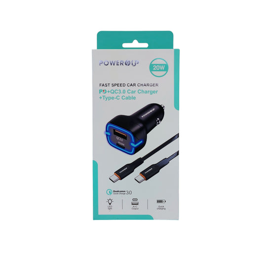 PowerUp Fast Speed Dual Port Car Charger (USB-A & USB-C) with USB-C to Type-C Fast Charging Cable