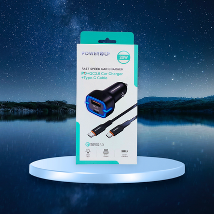 PowerUp Fast Speed Dual Port Car Charger (USB-A & USB-C) with USB-C to Type-C Fast Charging Cable