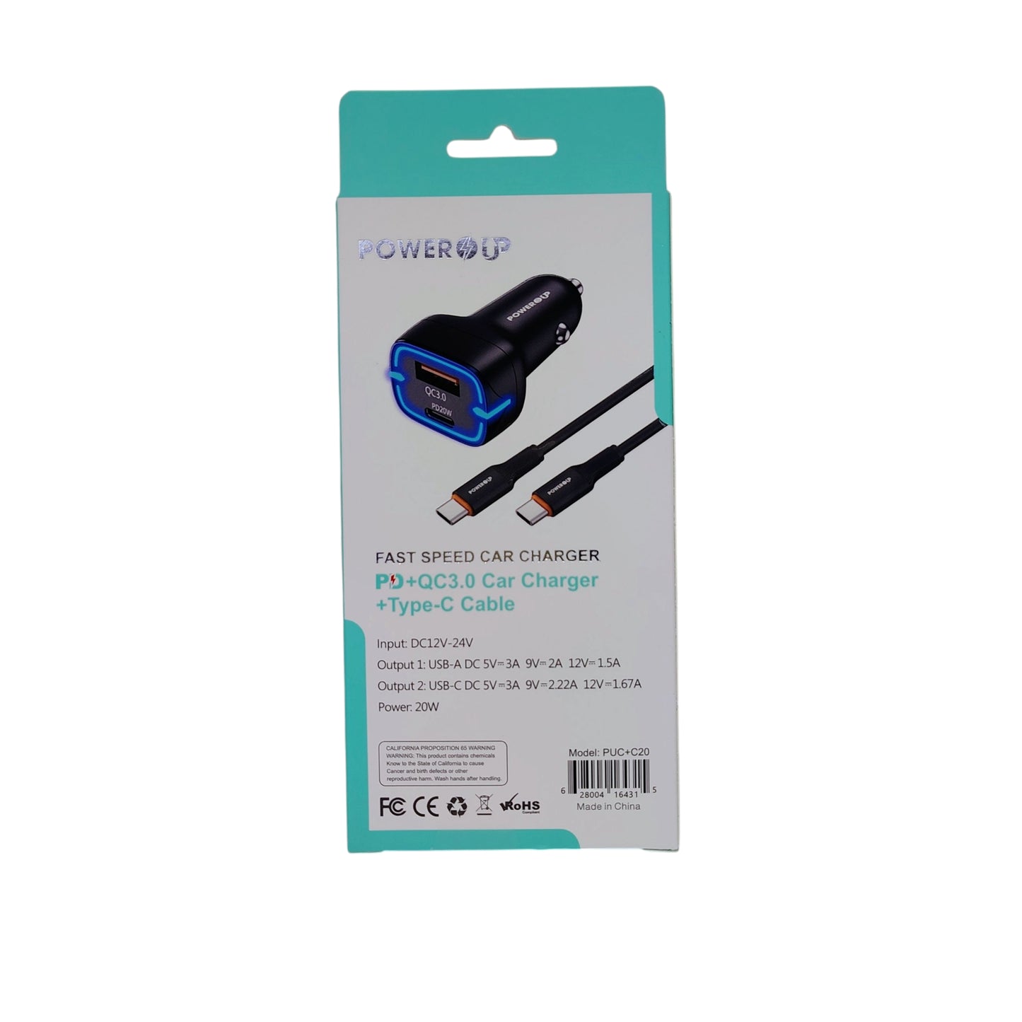 PowerUp Fast Speed Dual Port Car Charger (USB-A & USB-C) with USB-C to Type-C Fast Charging Cable