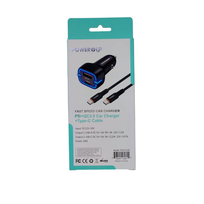 PowerUp Fast Speed Dual Port Car Charger (USB-A & USB-C) with USB-C to Type-C Fast Charging Cable