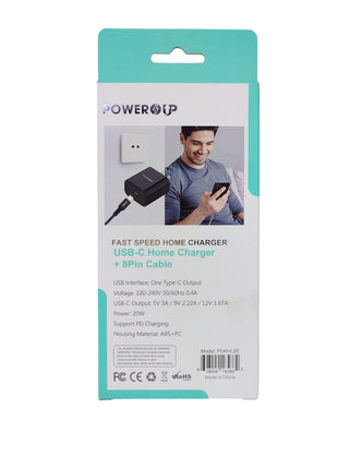 PowerUp 20W Fast Speed Home Charger With USB-C to 8 Pin  Data Cable