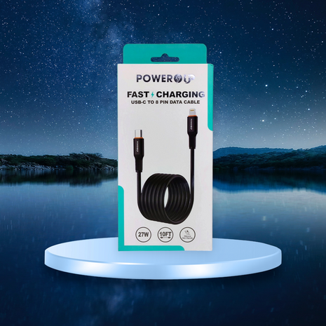 PowerUp 27W USB-C to 8-Pin Fast Charging Data Cable – 10ft Length
