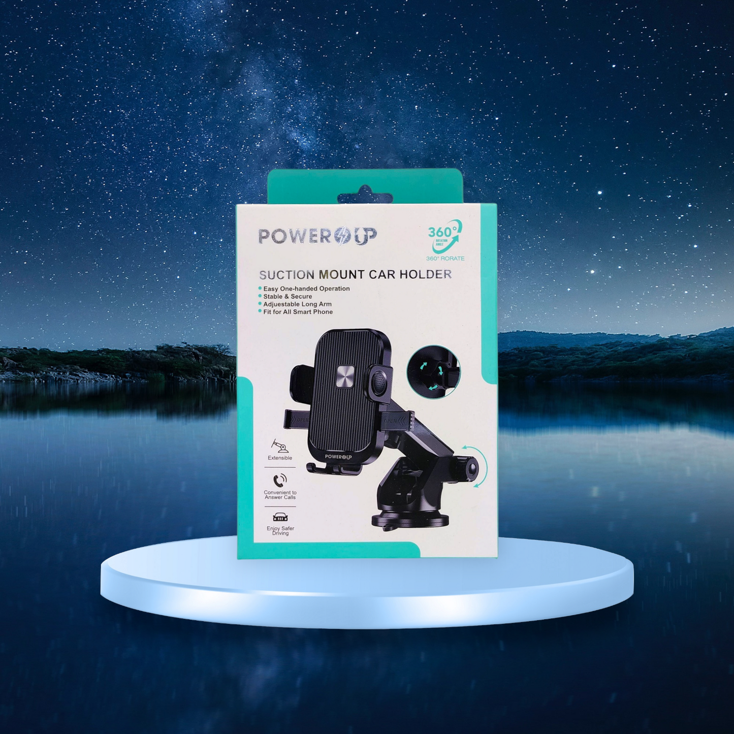 PowerUp Suction Mount Car Holder With Adjustable Arm For Easy  One Handed Operation, Stable Secure And Fit For All Smart  Phones