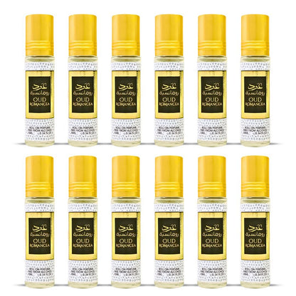 Ard Al Zaafaran Oud Romancea Roll-On Perfume Oil 10ml x 12 Pack | Sweet Oud Floral Long Lasting Arabic Attar Unisex Non-Alcohol Fragrance Travel Size Set