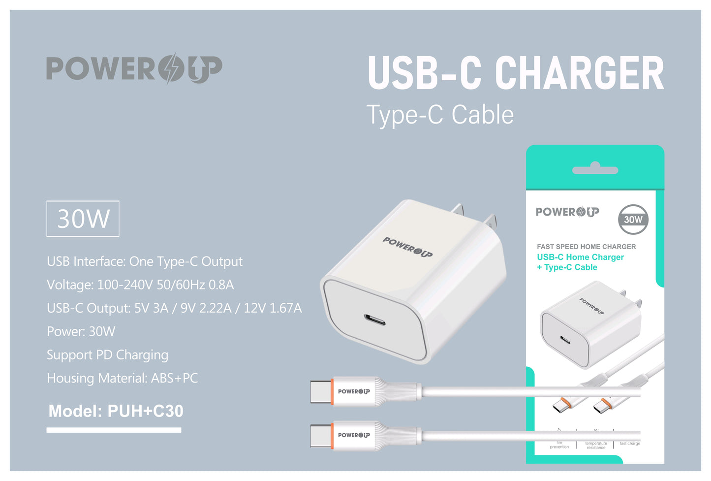 PowerUp 30W Fast Speed Home Charger With USB-C to Type-C  Data Cable
