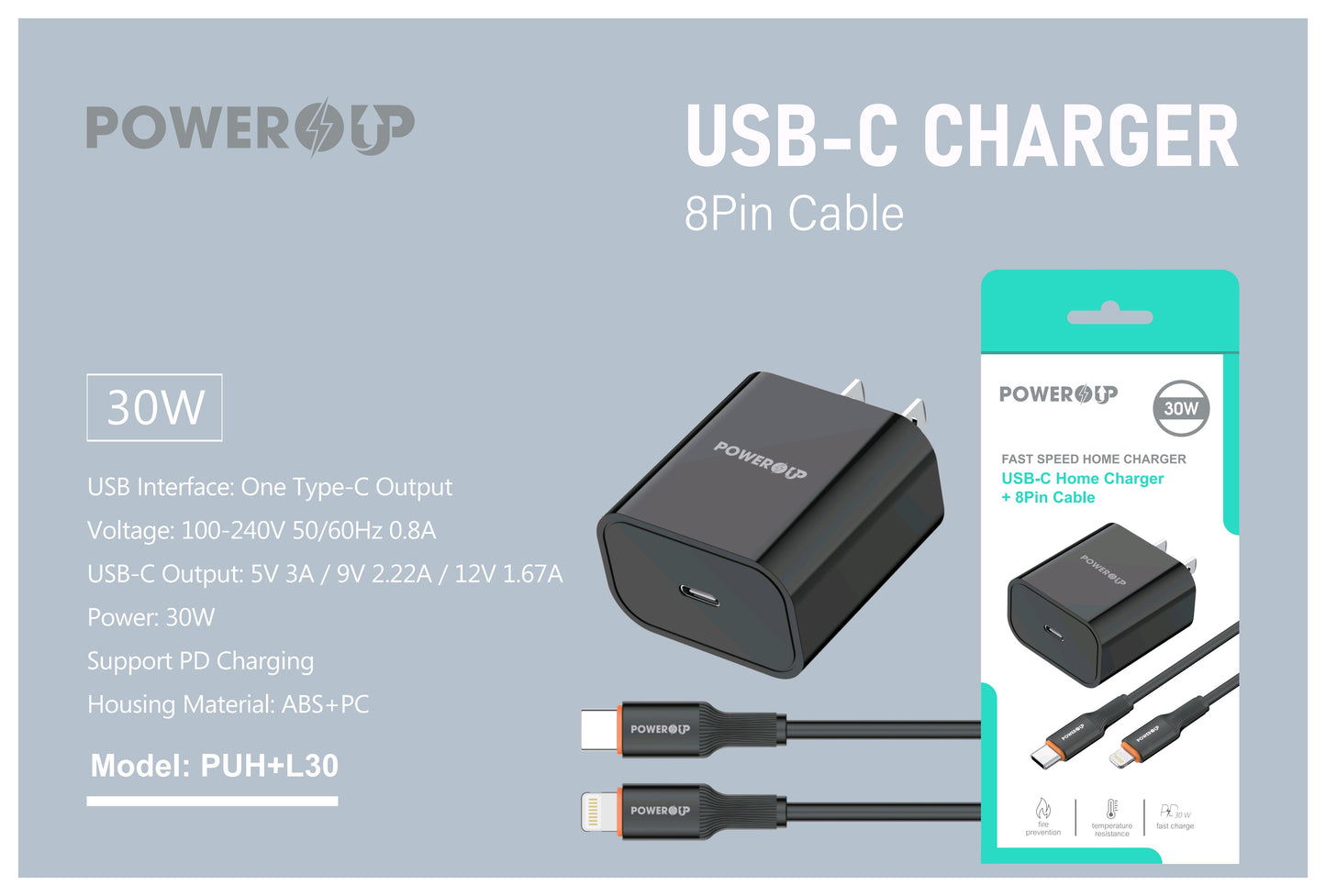 PowerUp 30W Fast Speed Home Charger With USB-C to 8 Pin  Data Cable