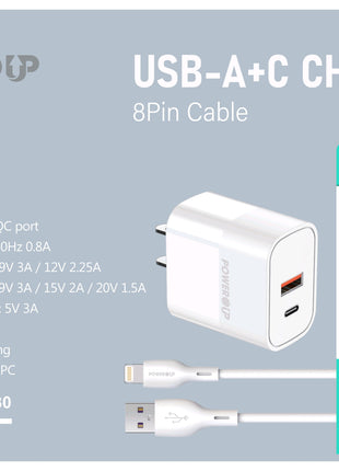 PowerUp Fast Speed Home Charger With  Dual USB-A & Type-C Adeptor + USB To 8 Pin Fast Charging Cable