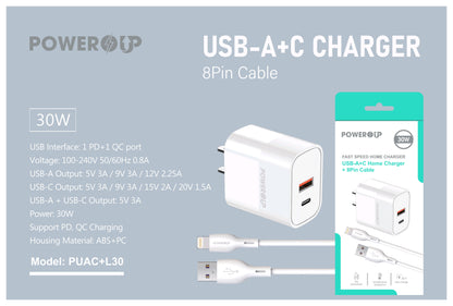 PowerUp Fast Speed Dual Port Home Charger USB-A+USB-C Adaptor + USB-A To 8 Pin Fast Charging Cable