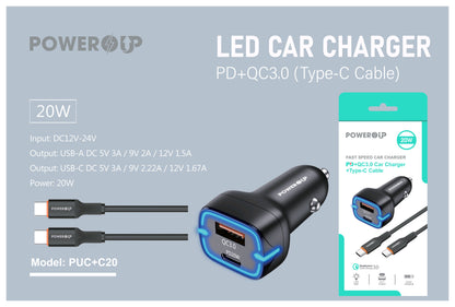 PowerUp Fast Speed Dual Port Car Charger (USB-A & USB-C) with USB-C to Type-C Fast Charging Cable