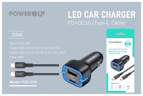 PowerUp Fast Speed Dual Port Car Charger (USB-A & USB-C) with USB-C to Type-C Fast Charging Cable