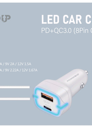 PowerUp Fast Speed Car Charger – Dual USB-A & Type-C Adapter with Type-C to 8-Pin Cable