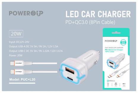 PowerUp Fast Speed Dual Port Car Charger (USB-A & USB-C) with USB-C to 8 Pin Fast Charging Cable