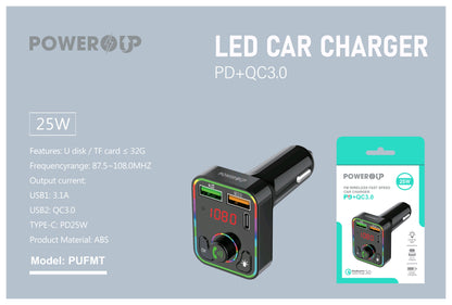 PowerUp FM Wireless 25W Fast Speed Car Charger With 5.3  Bluetooth, Hand-Free Calling, Voice Navigation, Dual USB-A and  Single USB-C Charging Port