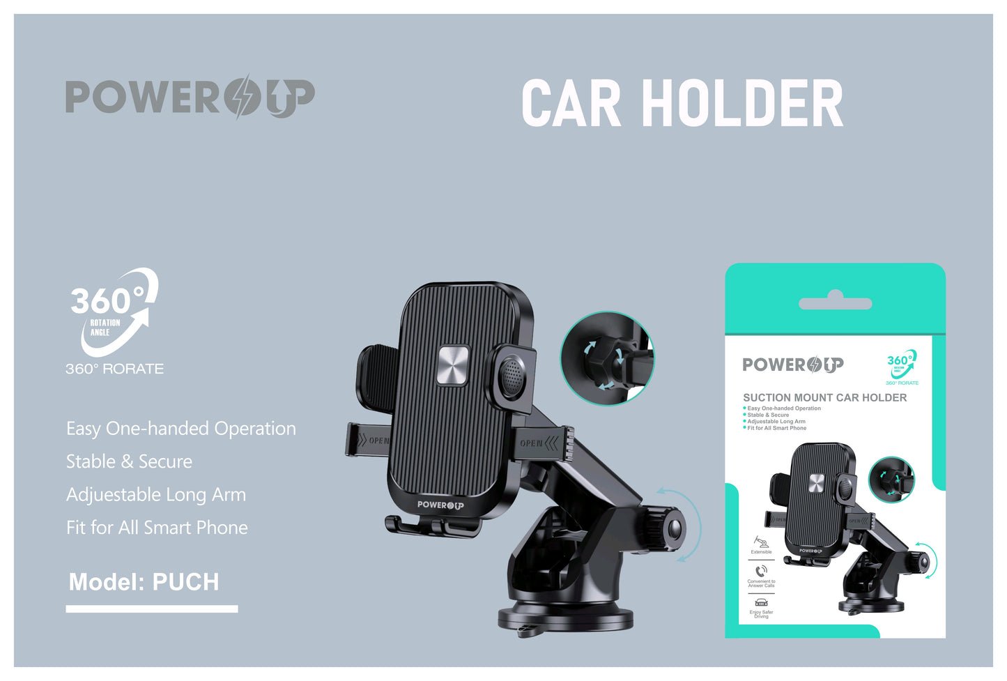PowerUp Suction Mount Car Holder With Adjustable Arm For Easy  One Handed Operation, Stable Secure And Fit For All Smart  Phones