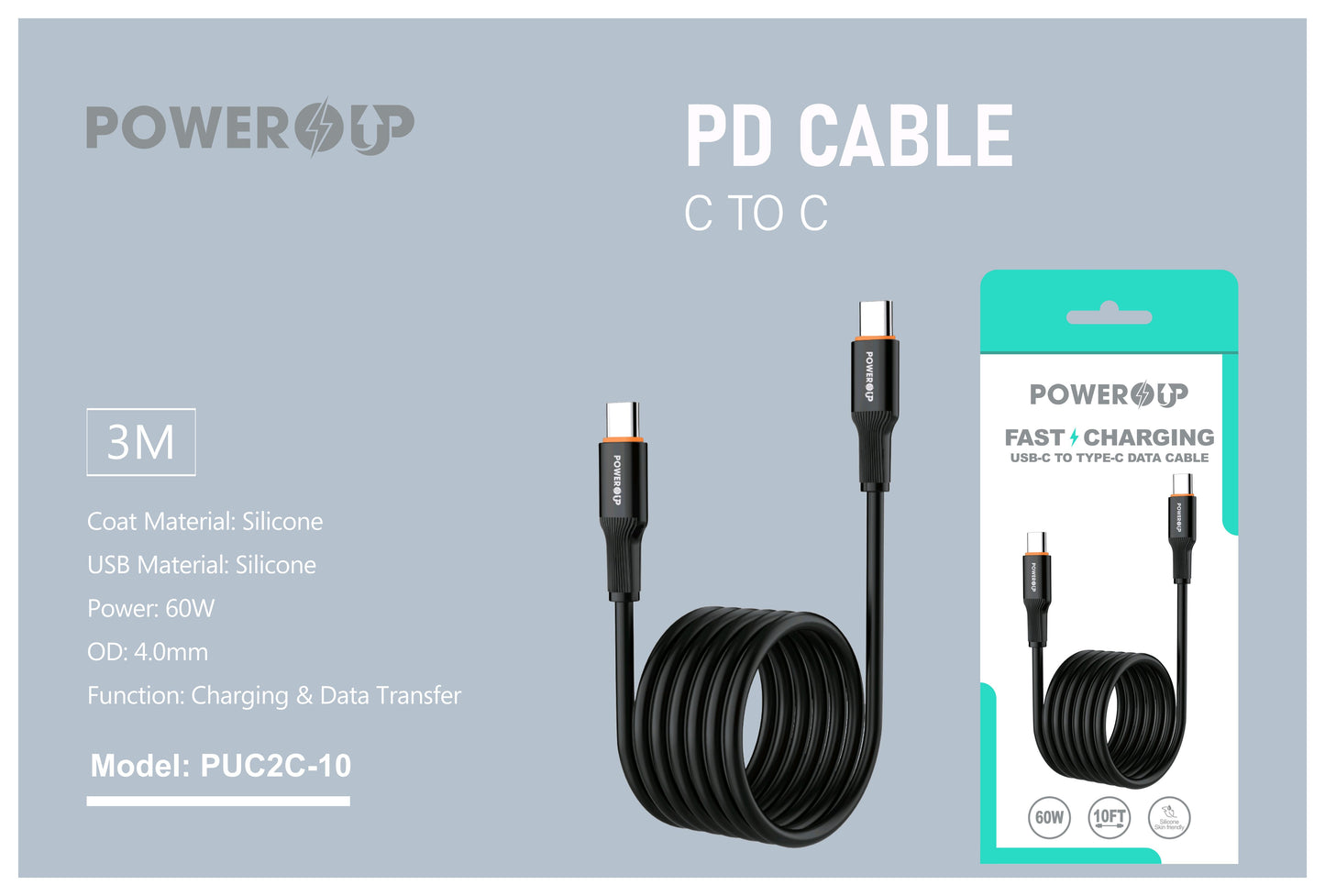 PowerUp 60W Fast Charging Data Cable USB-C to Type-C With 10ft Length