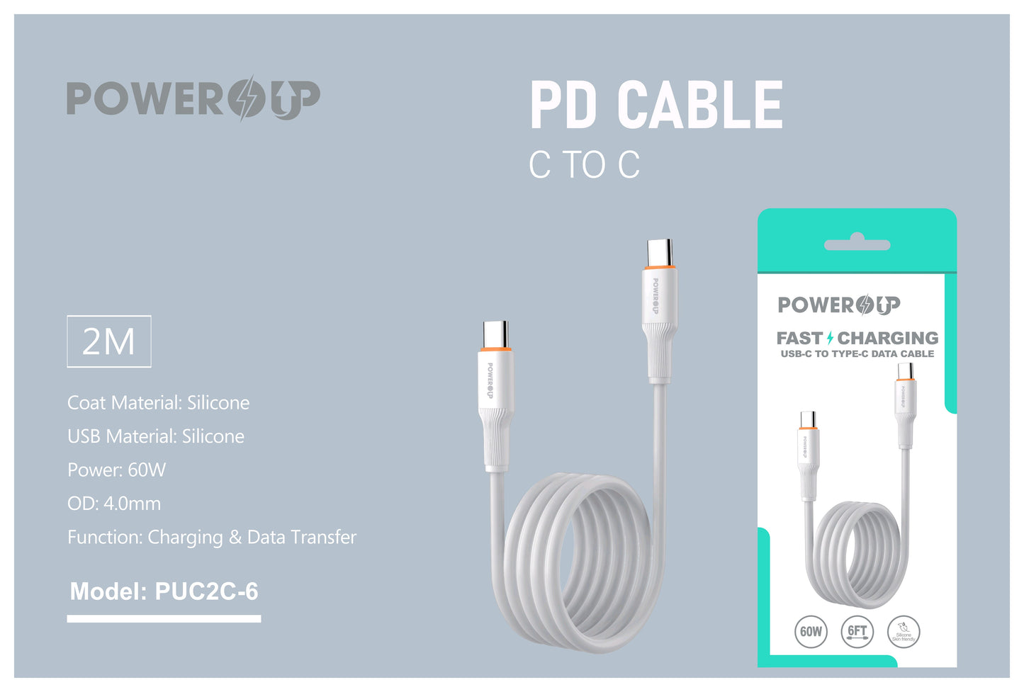 PowerUp 60W Fast Charging Data Cable USB-C to Type-C With 6ft Length