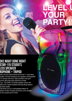 TopTech-1x15" Woofer Party Speaker with Single Wireless Microphone and Stand
