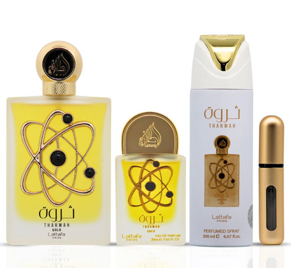Tharwah Gold Gift Set by Lattafa Pride – Women | 100 ml / 3.4 fl oz + Extras