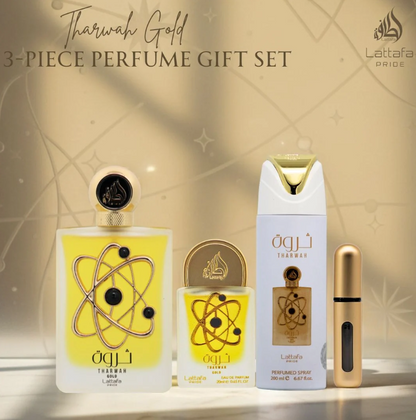 Tharwah Gold Gift Set by Lattafa Pride – Women | 100 ml / 3.4 fl oz + Extras