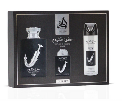 Lattafa Ishq Al Shuyukh Silver Gift Set – Unisex | 100 ml / 3.4 fl oz + Extras